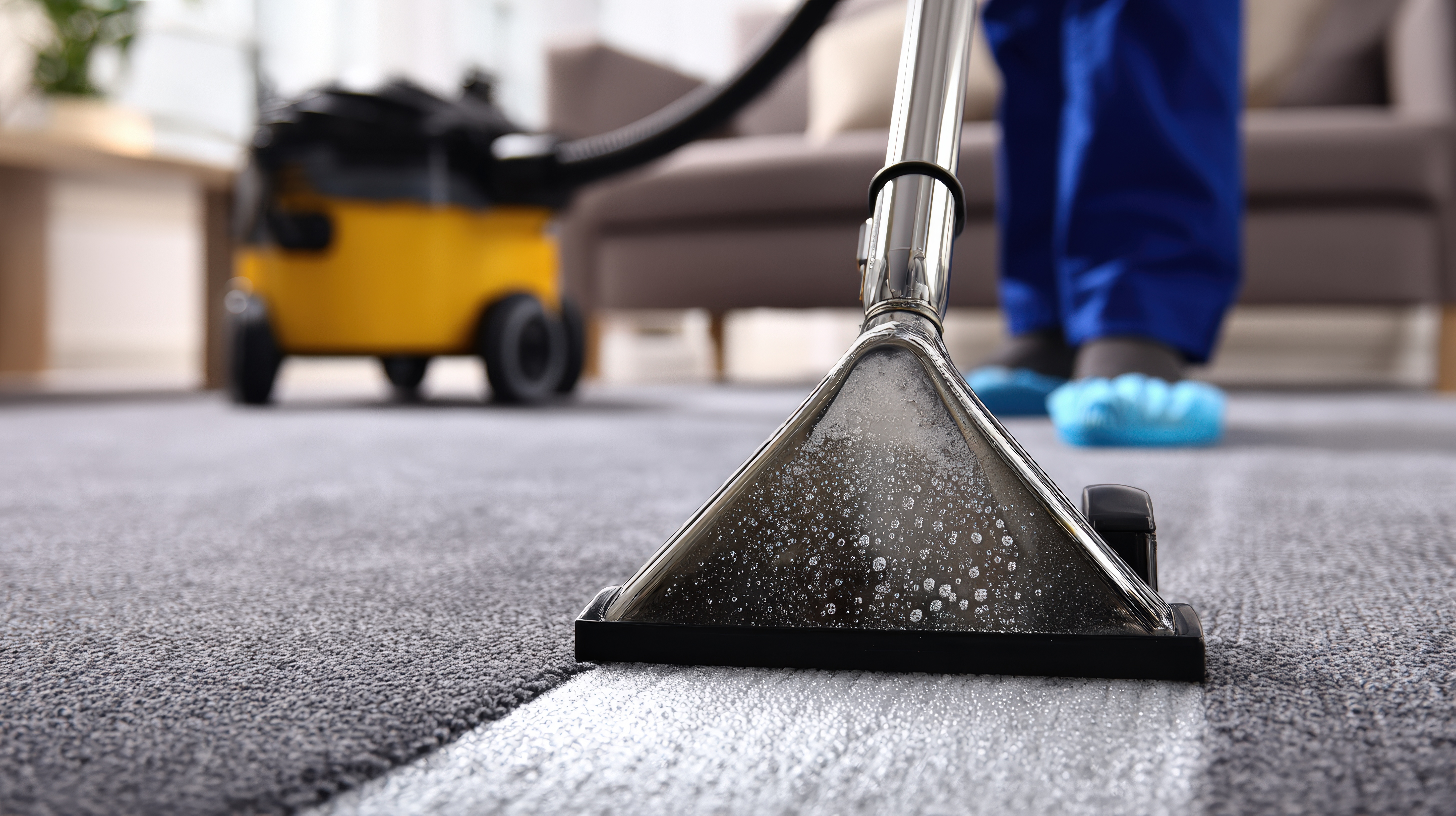 Professional carpet cleaning with extraction equipment spraying water on gray carpet indoors