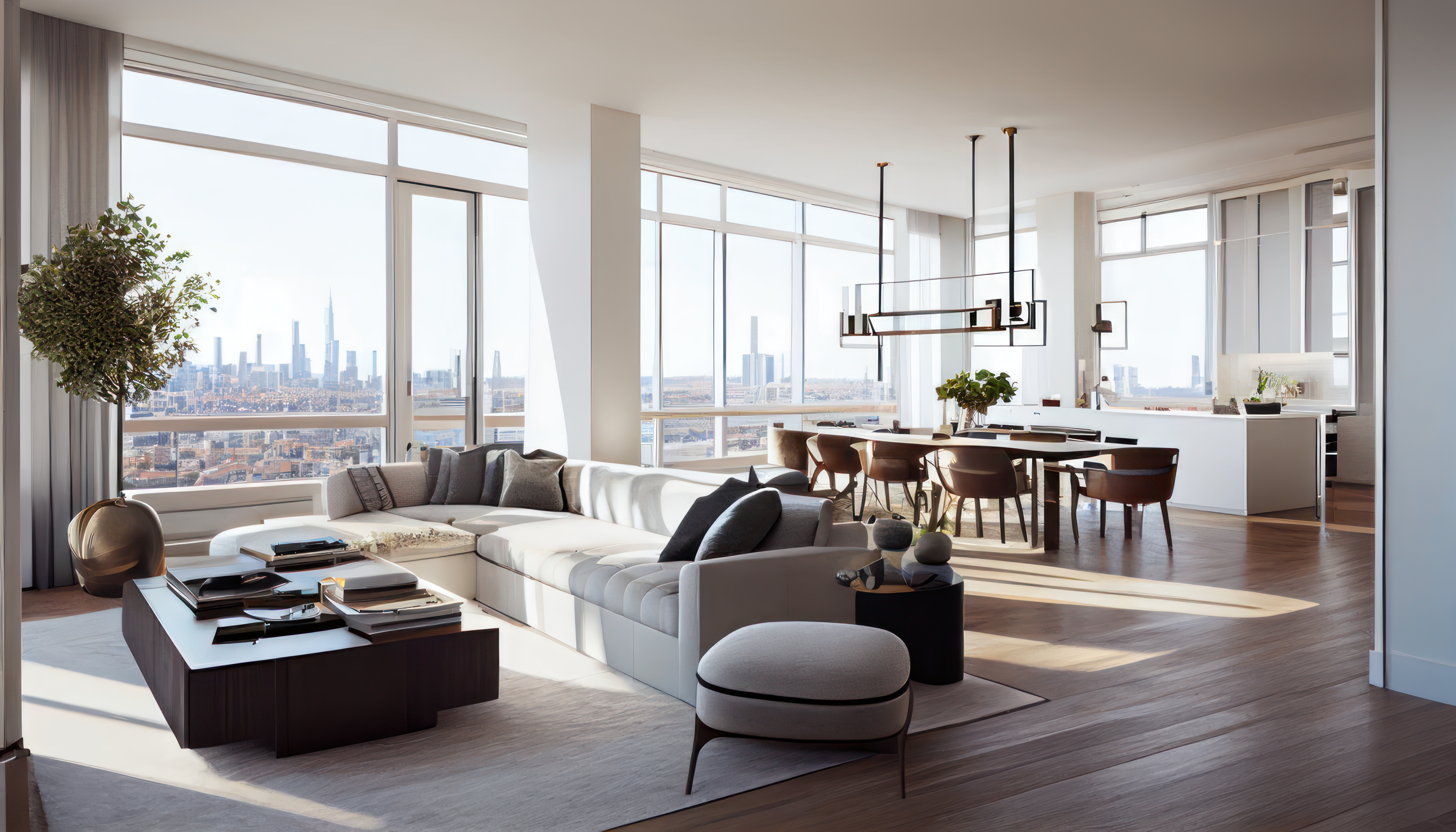 Modern high-rise apartment with floor-to-ceiling windows overlooking Manhattan skyline, featuring contemporary furniture and dining area